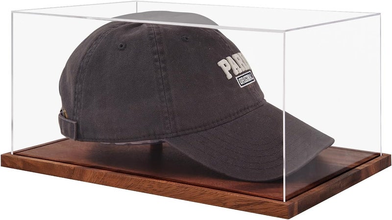 LiTY Hat Display Case, No Assembly Required Clear Acrylic Baseball Cap Stand, UV Protection Signed Hat Transparent Showcase, Cap Display Box with Solid Wood Base Risers & Hat Shaper - Image 1